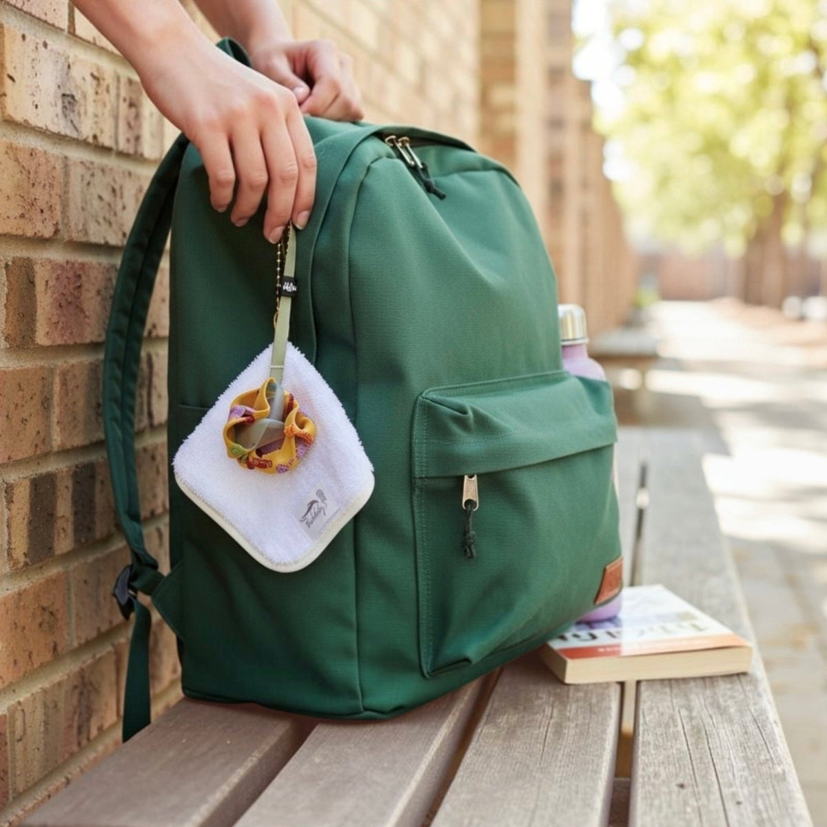 A green backpack with a lens and screen cleaner and a flower charm attach to the side.